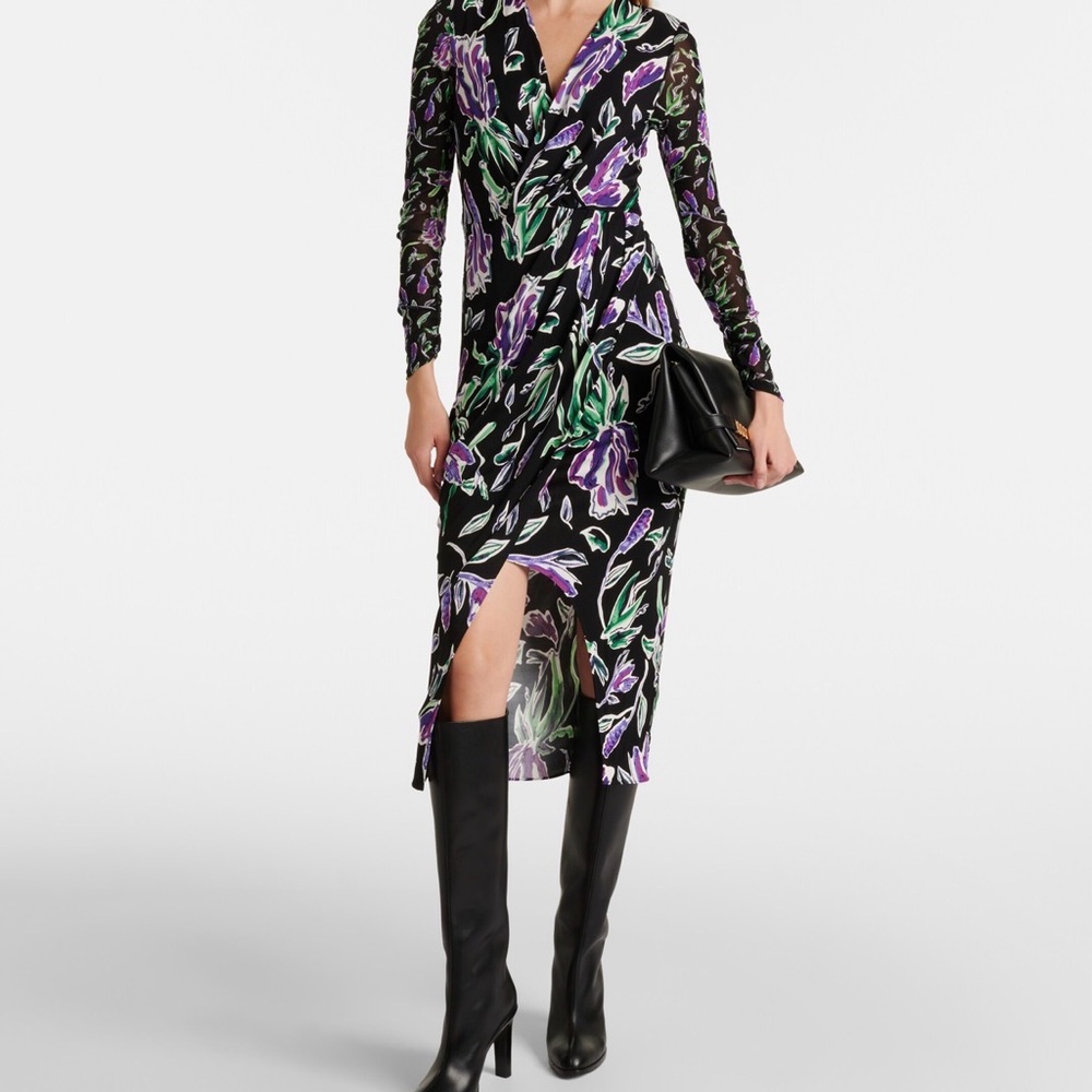 Diane Von Furstenberg Vivienne Black and Purple Floral Midi Dress, Size XL, NWT - Picture 2 of 11